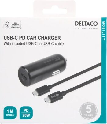 Caricatore Deltaco x auto 1x USB-C+Cavo USB-C