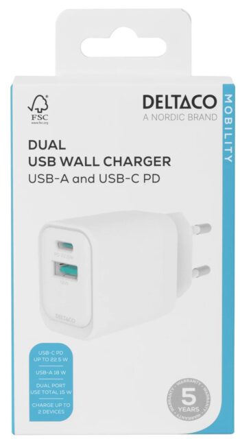 Caricatore Deltaco 1 TypeC + 1 USB 3.0 20W